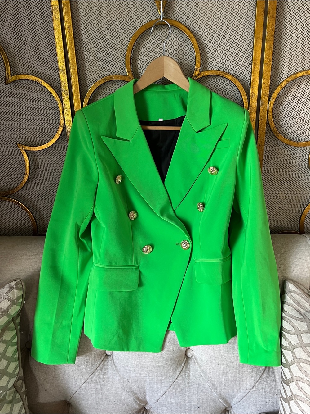 Versace-like Bright Green Double-Breasted Women's Blazer